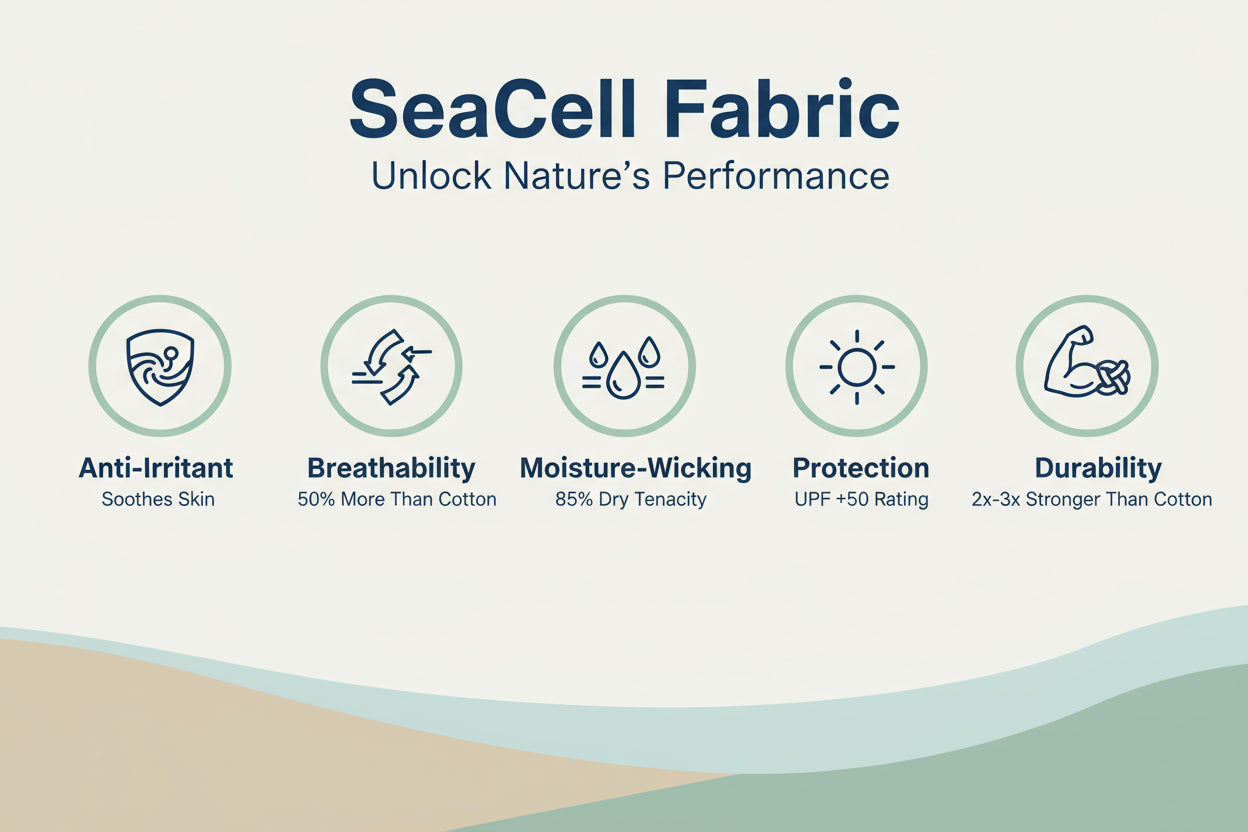 Text describing the properties of SeaCell material on a white background